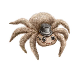 Watercolor cute halloween character spider in hat smiling isolated on white background. Hand drawn illustration sketch