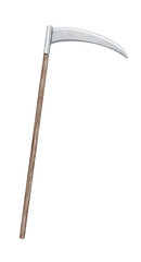 Watercolor halloween cute vintage death scythe mowing tool isolated on white background. Hand drawn illustration sketch