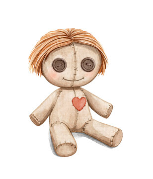 Watercolor cartoon cute funny voodoo beige rag doll with button eyes and heart isolated on white background. Hand drawn illustration sketch