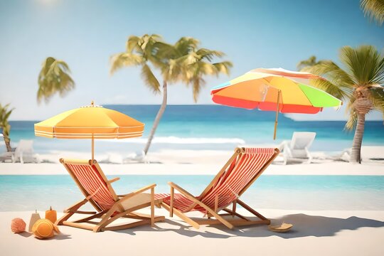 3d rendering of summer vacation concept with beach chair,umbrella and summer elements.3d rendering 