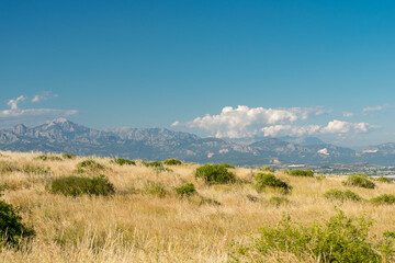 Obraz premium Panorama. Daytime landscape with a mountain range and a field with dry tall grass. Mountains in Antalya province, Türkiye.