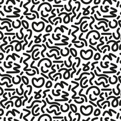 Seamless pattern with various geometric trendy shapes. Abstract Background Design.  Scattered Geometric Line Shapes. Vector black and white pattern.