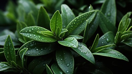 close-up background of green leaves with drops of water after rain