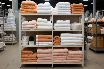 Obraz na płótnie Canvas stacks of white and pink towels in a boutique. Home textile, beautiful rolled white bath towels on a shelf. 