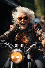 Fototapeta na wymiar Funny elderly woman is riding a modern motorcycle with joyful expressive. Generative AI