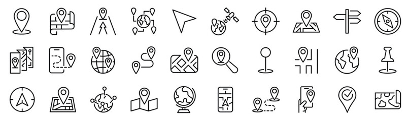 Set of 30 outline icons related to navigation, gps, location, route. Linear icon collection. Editable stroke. Vector illustration - obrazy, fototapety, plakaty