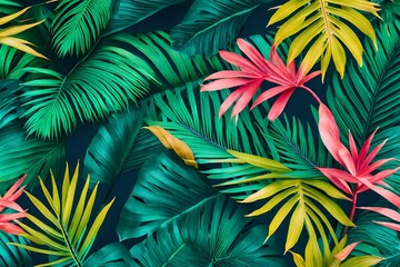 Fototapeta na wymiar Tropical bright colorful background with exotic painted tropical palm leaves. Minimal fashion summer concept. Flat lay 