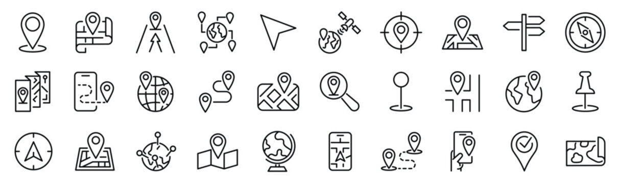 Set of 30 outline icons related to navigation, gps, location, route. Linear icon collection. Editable stroke. Vector illustration