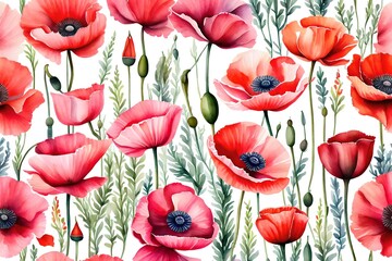Watercolor painting poppy flower. Isolated flowers on white background. Set of Pink and red poppy flower painting. Hand painted watercolor floral, flower background 
