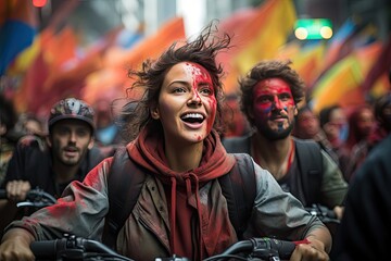 Obraz premium Urban march in shades of pink, awareness and solidarity in the moved city., generative IA