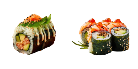 Japanese Volcano Sushi Roll with sesame seeds and hiyashi wakame chukka on a transparent background
