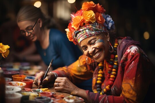 Women paint together, symbolizing overcoming and self-esteem post-cancer of breast., generative IA