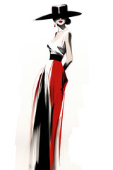 Young woman wearing elegant hat and dress with red lips makeup. Sexy female sketch, fashion model. Black, red and white drawing
