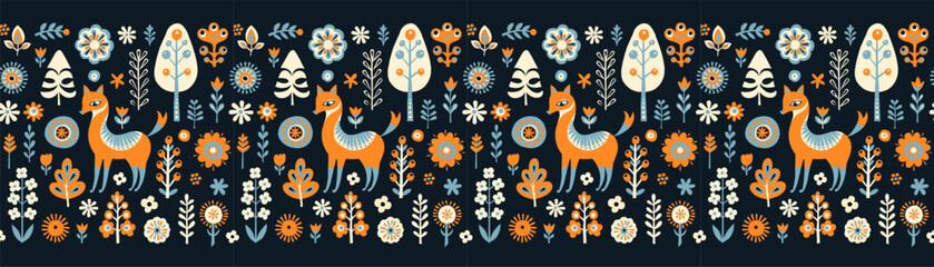 Simple minimalist Scandinavian seamless pattern with fox, forest and flowers