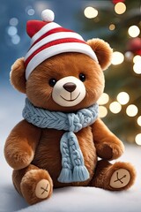 Plush bear sitting at Christmas, smiling 