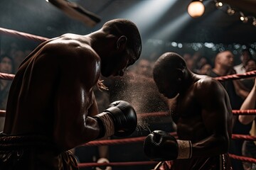 Fototapeta na wymiar Intense battle in the boxing ring: sweat, punches and excitement., generative IA