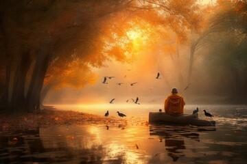 Monk meditating in nature at dawn., generative IA