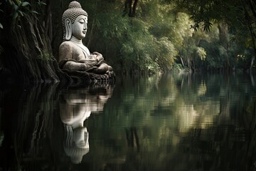 Fototapeta na wymiar Serene Buddha by the lake, tranquil reflections., generative IA