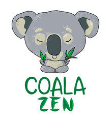 Cute coala bear with eucalyptus leaves practicing zen