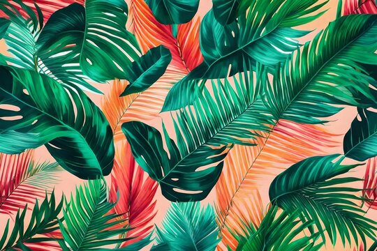 Tropical bright colorful background with exotic painted tropical palm leaves. Minimal fashion summer concept. Flat lay 