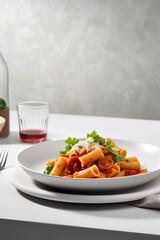 Rigatoni all'Amatriciana on a white plate. Traditional Italian pasta.