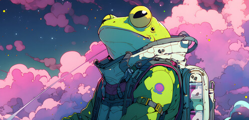 astronaut frog in space, pepe, crypto to the moon, AI generated - obrazy, fototapety, plakaty