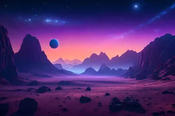 Rolgordijnen Cosmic background, alien planet deserted landscape with mountains, rocks, deep cleft and stars shine in space. Extraterrestrial computer game backdrop, parallax effect cartoon  © Mustafa_Art