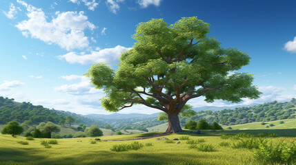 Fototapeta na wymiar a serene 3D rendering scene featuring a lush green tree standing tall in a picturesque countryside field