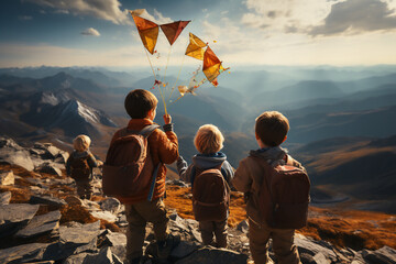 Back view of Kids hikers with backpacks standing on top of the mountain.