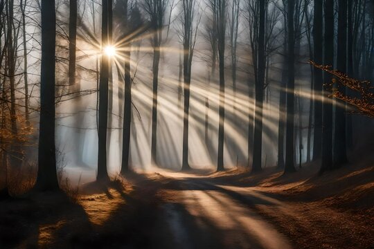 Winter sun rays trough trees on a forest road on a supper foggy dat. Selective focus. High quality photo 