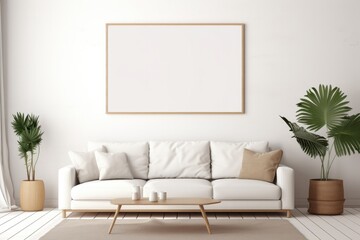 Scandinavian living room interior with blank frame mock up on wall with minimalist furniture chair plant white