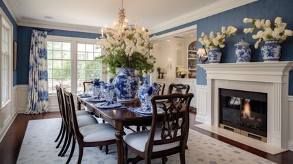Interior design inspiration of Traditional Colonial style home dining room loveliness decorated with Wood and Wicker material and Statement Fireplace .Generative AI home interior design .