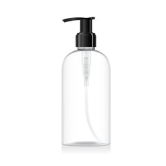 Blank clear glass bottle mockup with black pump isolated on white background. Transparent plastic packaging. Shampoo, sanitizer or liquid soap dispenser. 3d vector cosmetic bottle mockup template