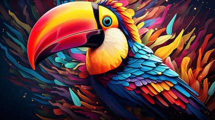 3D rendering of a tropical toucan bird in colorful digital art style.