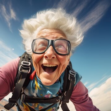 Funny and smiling elderly woman has fun skydiving. Generative AI