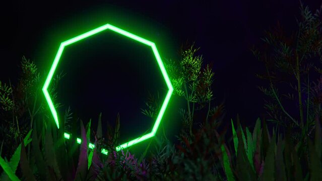 Green neon octagonal light among tropical jungle. Loop 3d animation