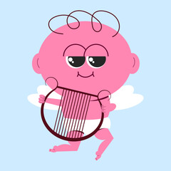 Cute cupid character. Angel mascot in flat style. Vector illustration. Cupid with a harp.