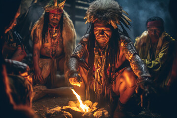 Group of Native Americans in the jungle around the fire