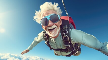 Funny and smiling elderly man has fun skydiving. Generative AI