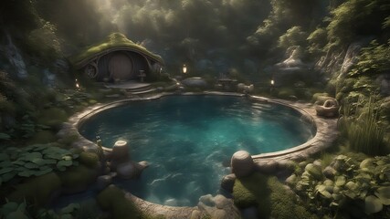 aerial view of the lake pond in front of a hobbit house, tranquil home setting in the shire woods