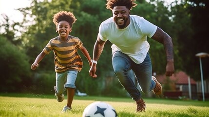 African American father and his son energetically playing football in the backyard. - Powered by Adobe