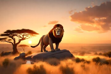  3D render of Pride Rock at sunrise, with Simba and his royal lineage proudly overlooking the...