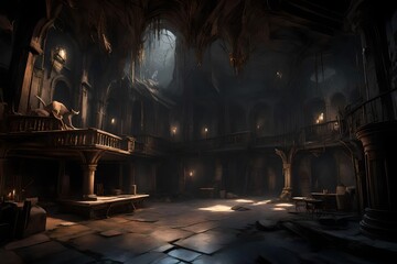 3D depiction of Scar's lair, complete with eerie lighting and hyenas lurking in the shadows - obrazy, fototapety, plakaty
