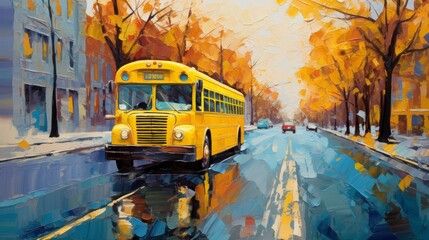 oil paint of yellow school bus