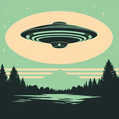 Poster Vintage Alien spaceship Sci-Fi Art. UFO in a retro science fiction style.  © ni