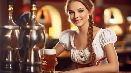 Woman serving beer at the bar dressed in traditional Austrian or Bavarian costume.