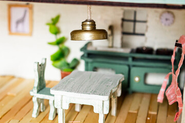 Kitchen doll house. Miniature handmade house.