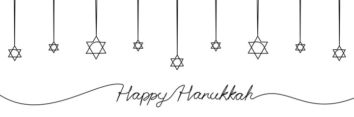 Happy Hanukkah one continuous line background with Star of David garland. Hebrew Magen, Shield of David. Minimal banner template. Vector illustration isolated on white backdrop