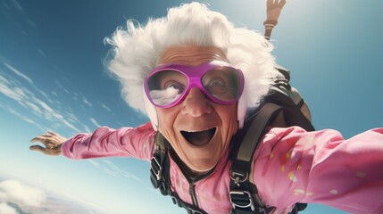 Funny and smiling elderly woman has fun skydiving. Generative AI - obrazy, fototapety, plakaty