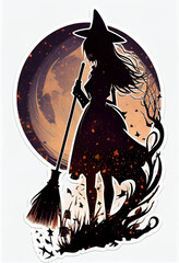 Silhouette of a young witch with a broom. AI Generated